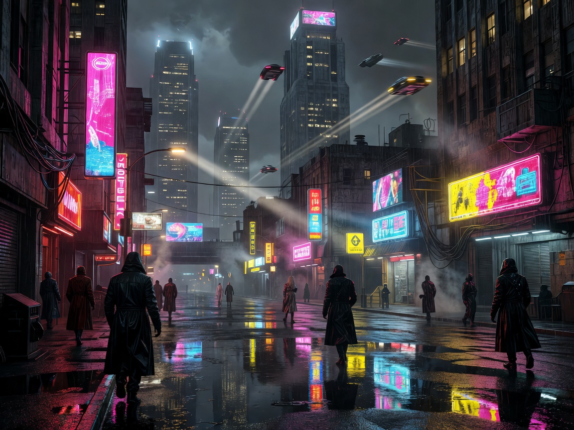 Blade Runner 2049 glowing neon atmospheric view with misty urban streets