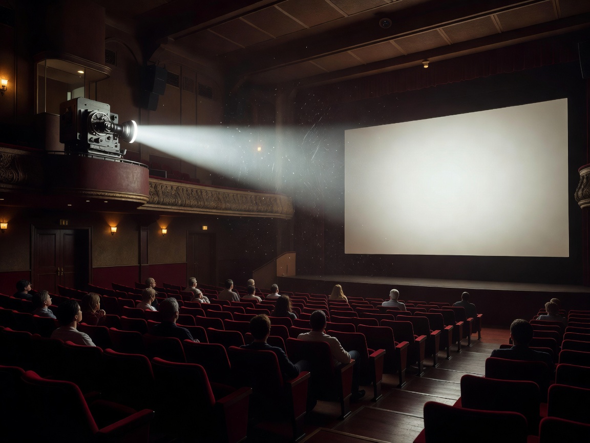 Cinematic projector light beam illuminating movie theatre screen
