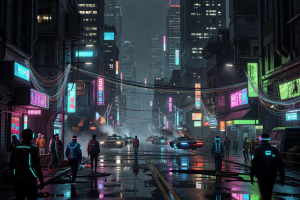 Cyberpunk neon city street at night illuminated by holographic neon signs for sci-fi genre