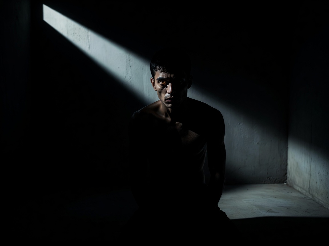 Dramatic psychological suspense shadow portrait with high contrast lighting