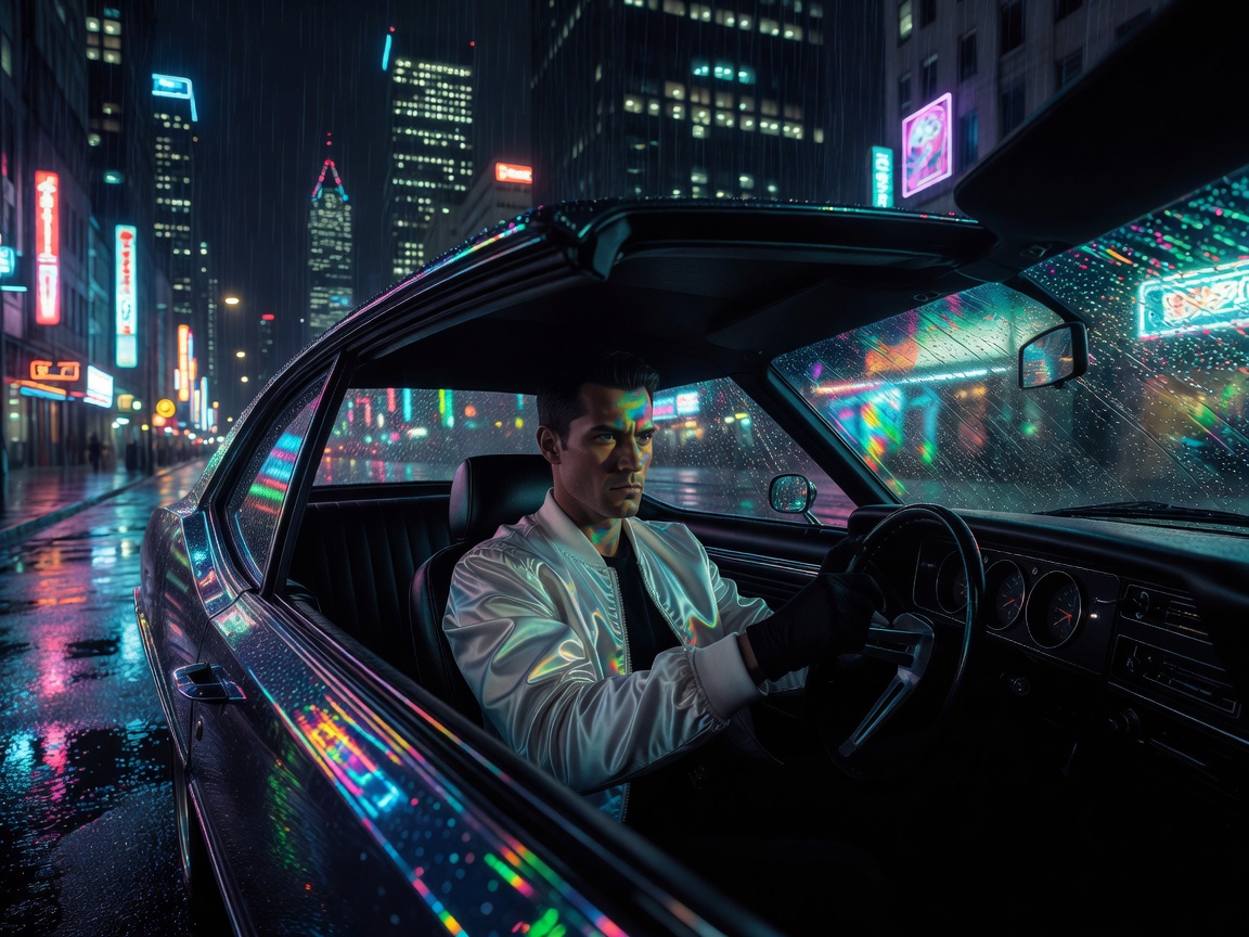 Drive movie neon lit driver inside car against rain-soaked metropolis at night