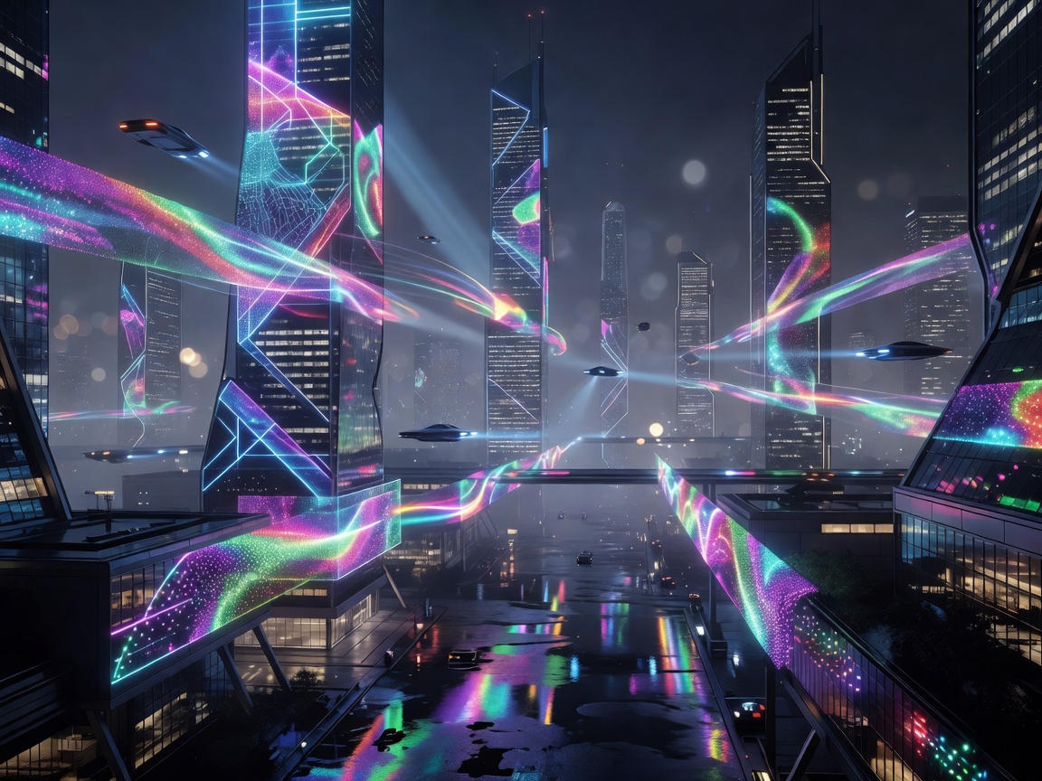 Futuristic neon holographic cityscape banner with vibrant glowing towers and flying vehicles
