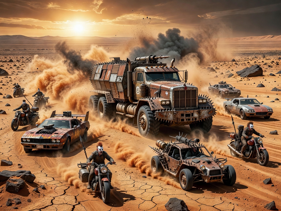 Mad Max Fury Road apocalyptic desert wasteland pursuit scene with combat vehicles