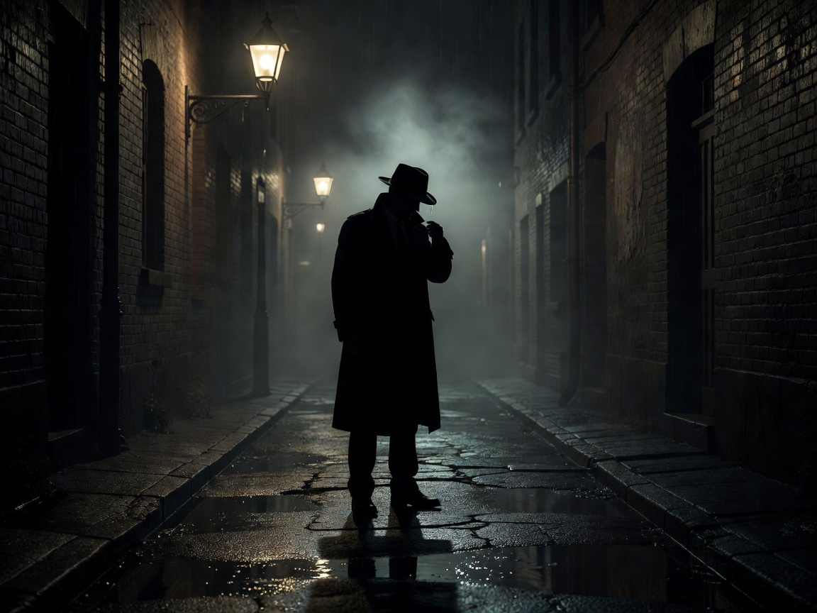 Neo-noir shadowy alleyway with rainy street lamps and silhouette detective