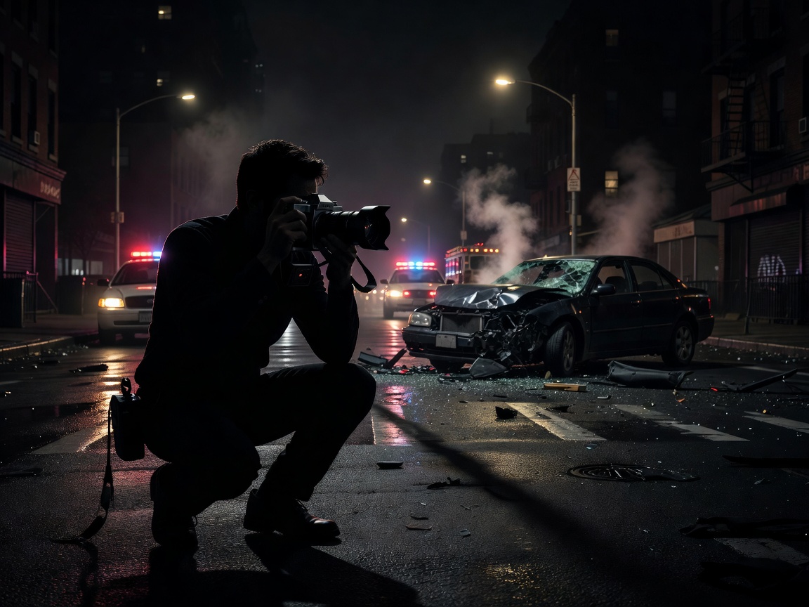 Nightcrawler dark street journalism camera silhouette framing urban accident scene at night