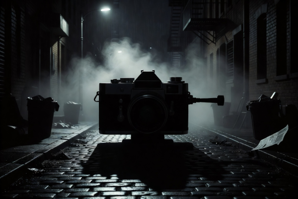 Vintage film camera silhouette set against moody dramatic lighting representing neo-noir thrillers